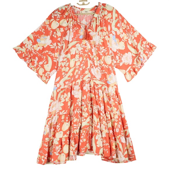 Jaase Dresses & Skirts - Jaase Coral Floral Tiered Mini Dress Womens XS Boho Tassel Button Front Flutter